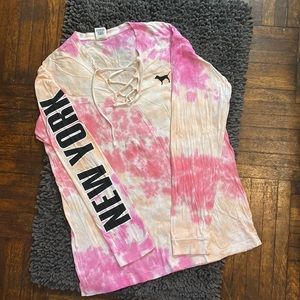 VS Pink Tie Dye Lace Up Campus Tee